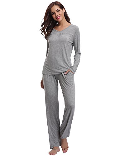 Aibrou Pijamas Mujer Algodón Invierno 2 Piezas,Ropa de Casa Dormir Casual Camiseta y Pantalones Largo Conjuntos Suave y Comodo (Gris,L)