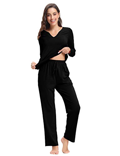 Aibrou Pijamas Mujer Algodón Invierno 2 Piezas,Ropa de Casa Dormir Casual Camiseta y Pantalones Largo Conjuntos Suave y Comodo S-XXL