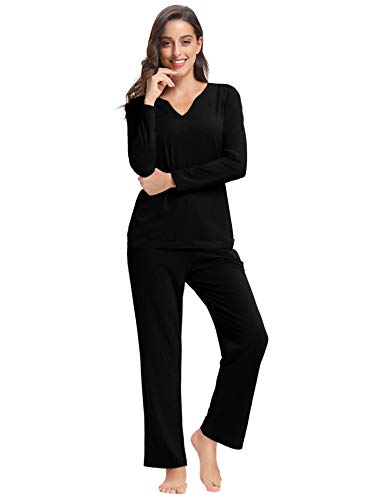 Aibrou Pijamas Mujer Algodón Invierno 2 Piezas,Ropa de Casa Dormir Casual Camiseta y Pantalones Largo Conjuntos Suave y Comodo S-XXL