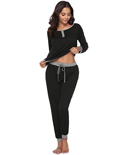 Aibrou Pijamas Mujer Algodón Invierno 2 Piezas,Ropa de Casa Dormir Casual Camiseta y Pantalones Largo Conjuntos Suave y Comodo S-XXL