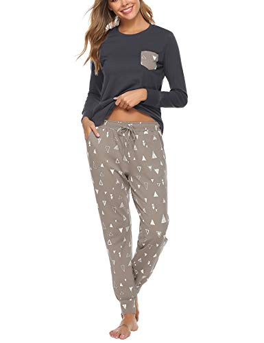 Aibrou Pijamas Mujer Invierno Algodón Mangas Larga Conjunto Camiseta y Pantalones Largo Ropa de Casa 2 Piezas