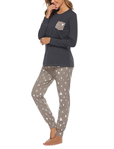 Aibrou Pijamas Mujer Invierno Algodón Mangas Larga Conjunto Camiseta y Pantalones Largo Ropa de Casa 2 Piezas