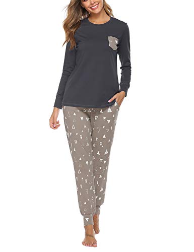 Aibrou Pijamas Mujer Invierno Algodón Mangas Larga Conjunto Camiseta y Pantalones Largo Ropa de Casa 2 Piezas