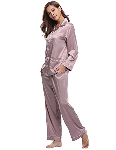 Aibrou Pijamas Mujer Invierno con 5 Bolsillos Seda Saten,Suave,Cómodo,Sedoso y Agradable