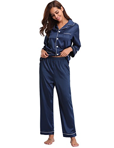 Aibrou Pijamas Mujer Invierno con 5 Bolsillos Seda Saten,Suave,Cómodo,Sedoso y Agradable