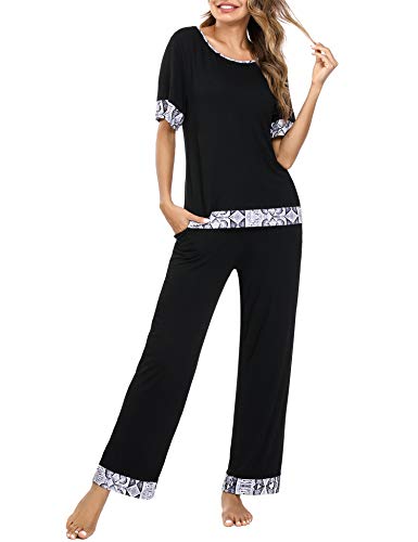 Aibrou Pijamas para Mujer, Conjunto de Pijamas Mujer Verano en Cuello Redondo Pijama de Manga Corta Conjunto Camiseta y Pantalones Larga 2 Piezas Ropa de Casa S-XXL per Hogar Casual