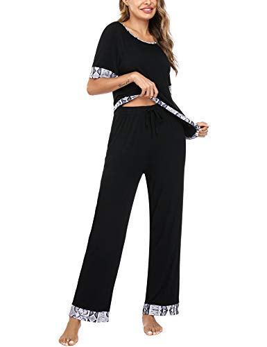 Aibrou Pijamas para Mujer, Conjunto de Pijamas Mujer Verano en Cuello Redondo Pijama de Manga Corta Conjunto Camiseta y Pantalones Larga 2 Piezas Ropa de Casa S-XXL per Hogar Casual