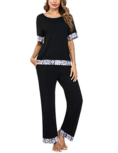 Aibrou Pijamas para Mujer, Conjunto de Pijamas Mujer Verano en Cuello Redondo Pijama de Manga Corta Conjunto Camiseta y Pantalones Larga 2 Piezas Ropa de Casa S-XXL per Hogar Casual