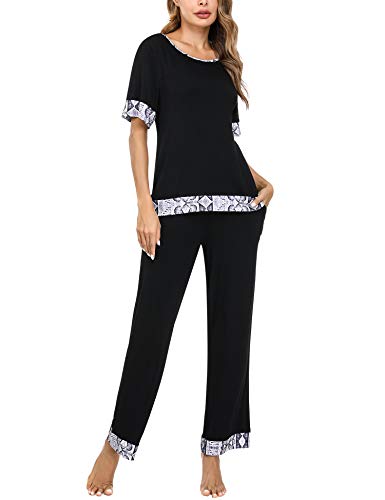 Aibrou Pijamas para Mujer, Conjunto de Pijamas Mujer Verano en Cuello Redondo Pijama de Manga Corta Conjunto Camiseta y Pantalones Larga 2 Piezas Ropa de Casa S-XXL per Hogar Casual