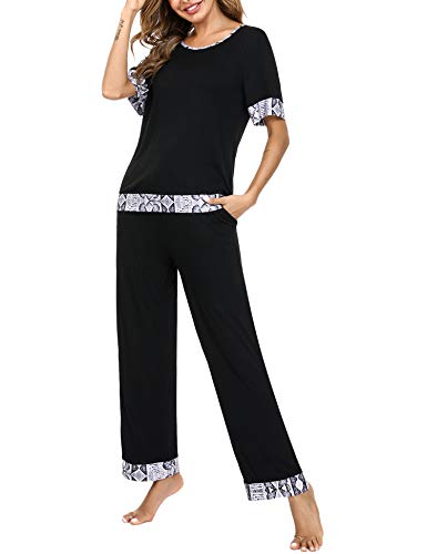 Aibrou Pijamas para Mujer, Conjunto de Pijamas Mujer Verano en Cuello Redondo Pijama de Manga Corta Conjunto Camiseta y Pantalones Larga 2 Piezas Ropa de Casa S-XXL per Hogar Casual