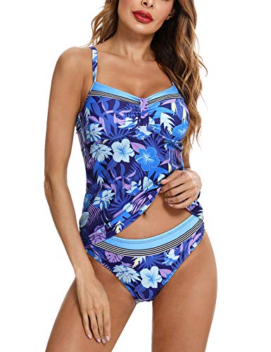 Aibrou Tankini 2 Piezas Trajes de Baño Mujer Bañador Sexy Traje de Baño Estampado Lunares Conjunto Bañador Tirantes Finos Tankini Playa Azul Flor M