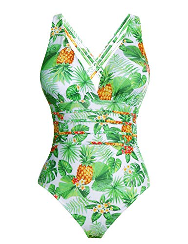 Aibrou Traje de Baño Cuello en V Profundo Sexys Bañador Una Pieza Halter con Espalda Vendaje bañadores Mujer reductores Monokini, (Blanco Hoja Verde, XXL)