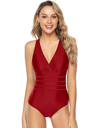 Aibrou Traje de Baño Cuello en V Profundo Sexys Bañador Una Pieza Halter con Espalda Vendaje bañadores Mujer reductores Monokini, (Rojo, XXL)