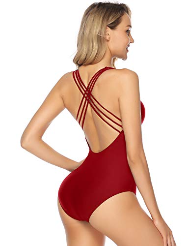 Aibrou Traje de Baño Cuello en V Profundo Sexys Bañador Una Pieza Halter con Espalda Vendaje bañadores Mujer reductores Monokini, (Rojo, XXL)