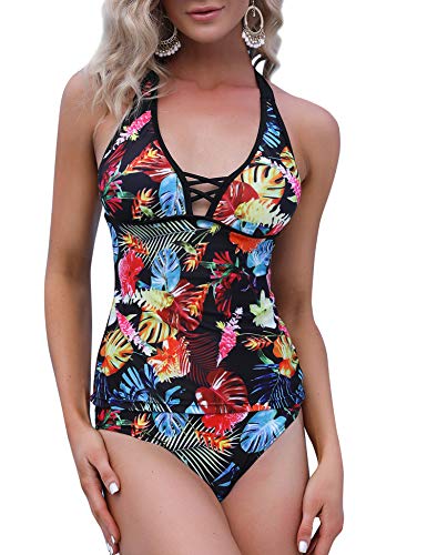 Aibrou Trajes de Baño de 2 Piezas para Mujer,Bañadores Sexys Corbata de Cuello en V Profundo Playa Monokin,Bañador de Reductor,Conjuntos de Bikinis,Playa Tankini (Flor, XL)