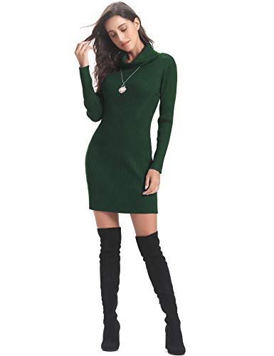 Aibrou Vestido de Punto Cuello Alto para Mujer,Vestido Ajustado Manga Larga Elegante Clásico,Vestidos Jersey Invierno (Verde, L)