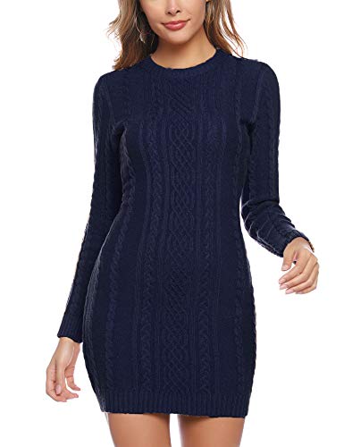 Aibrou Vestido Sueter de Punto Cuello Redondo para Mujer,Elegante Vestido de Suéter Manga Larga Elástico Delgado Clásico,Sexy Jersey Falda de Cadera Armada L