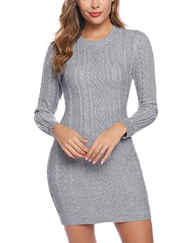 Aibrou Vestido Sueter de Punto Cuello Redondo para Mujer,Elegante Vestido de Suéter Manga Larga Elástico Delgado Clásico,Sexy Jersey Falda de Cadera Gris S