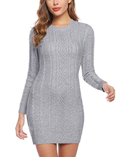 Aibrou Vestido Sueter de Punto Cuello Redondo para Mujer,Elegante Vestido de Suéter Manga Larga Elástico Delgado Clásico,Sexy Jersey Falda de Cadera Gris S