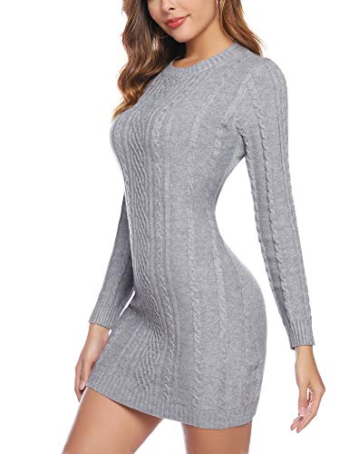 Aibrou Vestido Sueter de Punto Cuello Redondo para Mujer,Elegante Vestido de Suéter Manga Larga Elástico Delgado Clásico,Sexy Jersey Falda de Cadera Gris S