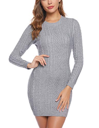 Aibrou Vestido Sueter de Punto Cuello Redondo para Mujer,Elegante Vestido de Suéter Manga Larga Elástico Delgado Clásico,Sexy Jersey Falda de Cadera Gris S