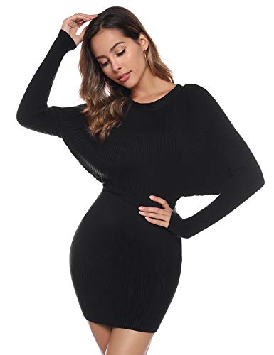 Aibrou Vestidos a Punto Mujer,Vestido Sexy de Una Pieza de Punto elástico,Vestidos de Jersey Manga Larga Vestido Invierno Vestido Fiesta (Negro, L)