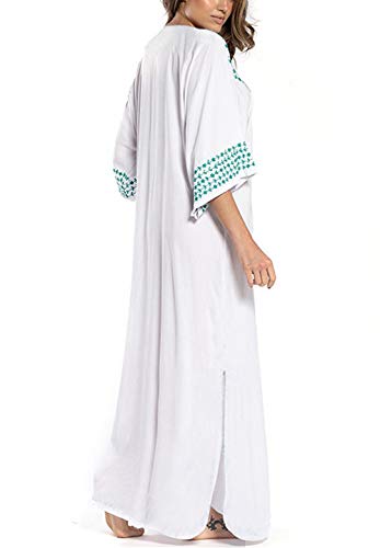 AiJump Traje de algodón bordado de la playa vestido largo maxi kimono Swim cubre sube Plus para Mujer Talla nica Blanco, Blanco 1