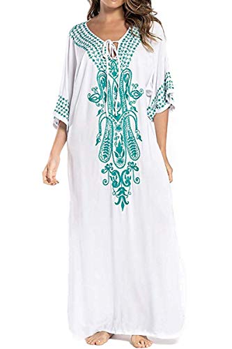 AiJump Traje de algodón bordado de la playa vestido largo maxi kimono Swim cubre sube Plus para Mujer Talla nica Blanco, Blanco 1