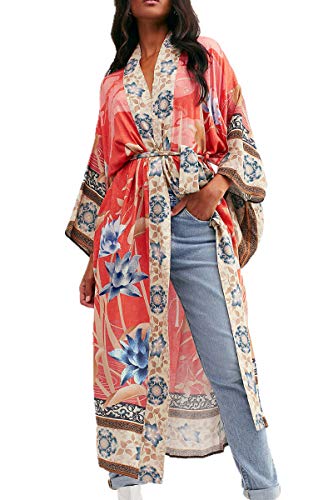AiJump Vestido de Playa Floral Kimono para Bañador Pareos Camisa Larga de Verano Cover Ups para Mujer