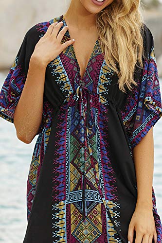 AiJump Vestido de Playa Pareo Maxi Kaftan Estampado de Algodón Bañador Cover Up Mujer