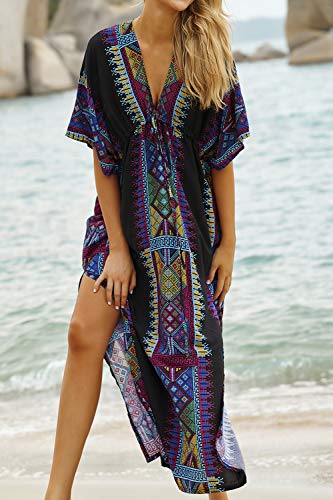 AiJump Vestido de Playa Pareo Maxi Kaftan Estampado de Algodón Bañador Cover Up Mujer