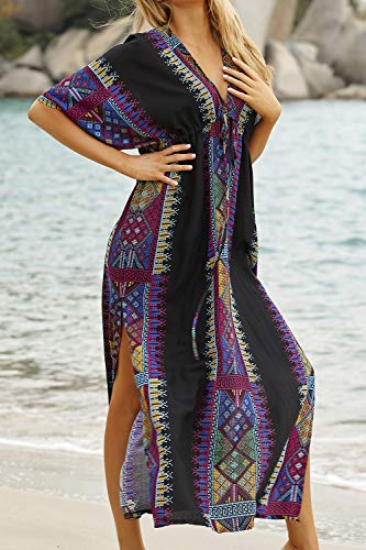 AiJump Vestido de Playa Pareo Maxi Kaftan Estampado de Algodón Bañador Cover Up Mujer