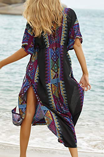 AiJump Vestido de Playa Pareo Maxi Kaftan Estampado de Algodón Bañador Cover Up Mujer