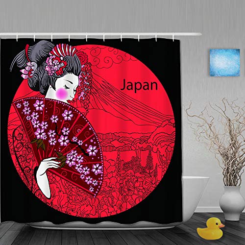 AIKIBELL Cortina de baño Repelente al Agua,Kimono Geisha Mujer Japonesa Japón Asiática Hermosa Cartelera Dibujo Diseño,Cortinas de baño de poliéster de diseño 3D con 12 Ganchos