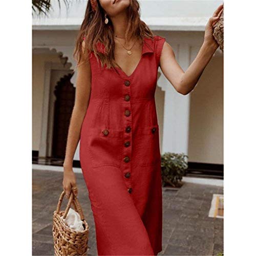 Ai.Moichien Vestido Casual Sin Mangas con Cuello En V Y Bolsillos De Solapa Sin Mangas para Mujer Vestido Elegante De Oficina De Trabajo Cómodo De Verano (Rojo, M)