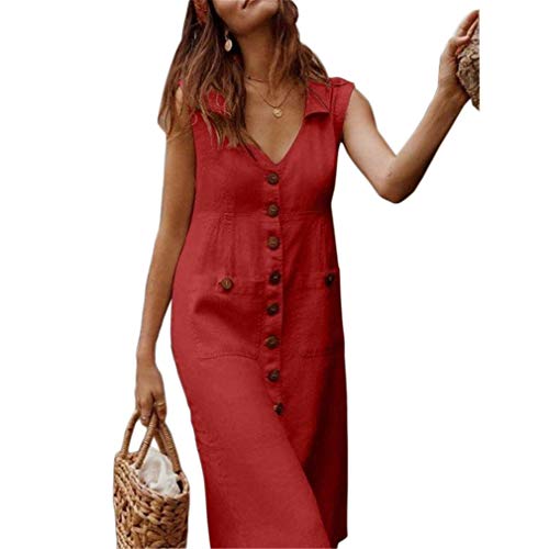 Ai.Moichien Vestido Casual Sin Mangas con Cuello En V Y Bolsillos De Solapa Sin Mangas para Mujer Vestido Elegante De Oficina De Trabajo Cómodo De Verano (Rojo, M)