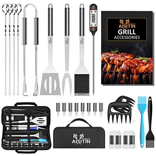 AISITIN Utensilios Barbacoa Accesorios Barbacoa 25 Piezas Kit Barbacoa Set Acero Inoxidable para Hombres Mujeres Camping Barbacoa