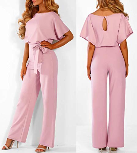 Ajpguot Mujer Negocio Monos Sólido Mamelucos Manga Corta Cuello Redondo Jumpsuits con Cinturón Rompers