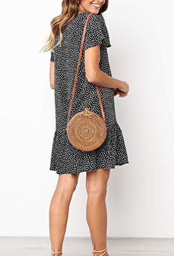 Ajpguot Verano Mujer Impresión Mini Vestidos de Playa Elegante Corto Dress de Partido Sundress V-Cuello Manga Corta Vestido con Boton (L, 101124 Negro)
