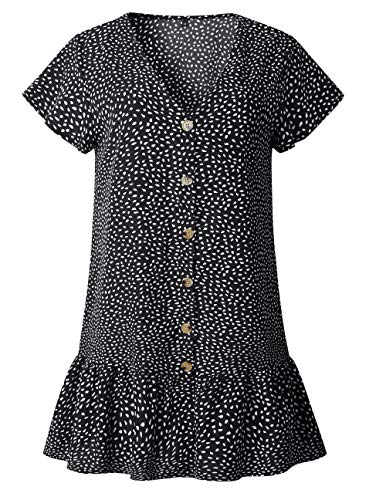 Ajpguot Verano Mujer Impresión Mini Vestidos de Playa Elegante Corto Dress de Partido Sundress V-Cuello Manga Corta Vestido con Boton (XL, 101124 Negro)