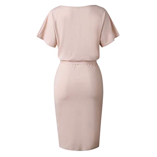 Ajpguot Verano Mujer Sexy Hendidura Midi Vestidos Color Sólido Vestido de Cadera Cuello Elegante Bodycon Vestidos de Fiesta Redondo Manga Corta Vestido con Cinturón (S, 101039 Rosa Claro)