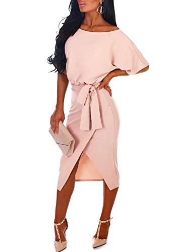 Ajpguot Verano Mujer Sexy Hendidura Midi Vestidos Color Sólido Vestido de Cadera Cuello Elegante Bodycon Vestidos de Fiesta Redondo Manga Corta Vestido con Cinturón (S, 101039 Rosa Claro)