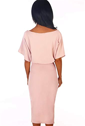 Ajpguot Verano Mujer Sexy Hendidura Midi Vestidos Color Sólido Vestido de Cadera Cuello Elegante Bodycon Vestidos de Fiesta Redondo Manga Corta Vestido con Cinturón (S, 101039 Rosa Claro)
