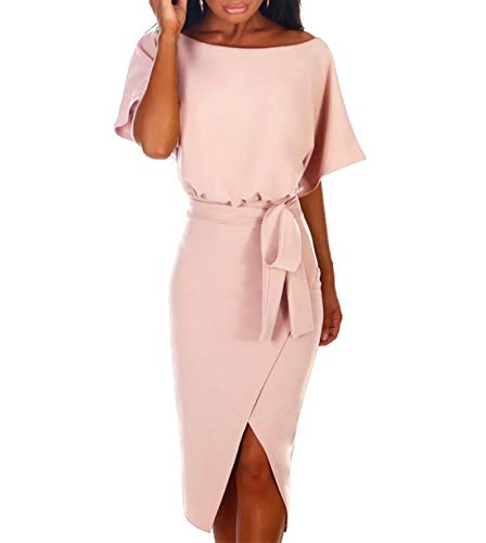 Ajpguot Verano Mujer Sexy Hendidura Midi Vestidos Color Sólido Vestido de Cadera Cuello Elegante Bodycon Vestidos de Fiesta Redondo Manga Corta Vestido con Cinturón (S, 101039 Rosa Claro)