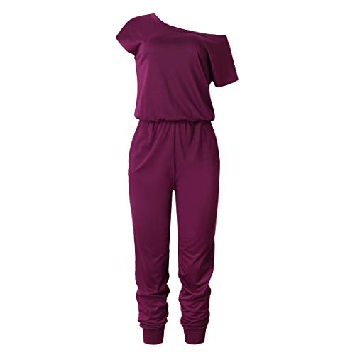 Ajpguot Verano Mujer Sexy Sin Tirantes Monos Color Sólido Mamelucos Manga Corta Jumpsuits de Playa Rompers (XL, 100251 Vino Tinto)