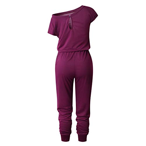 Ajpguot Verano Mujer Sexy Sin Tirantes Monos Color Sólido Mamelucos Manga Corta Jumpsuits de Playa Rompers (XL, 100251 Vino Tinto)