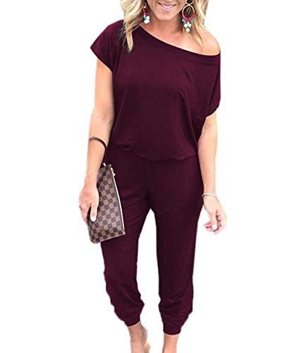 Ajpguot Verano Mujer Sexy Sin Tirantes Monos Color Sólido Mamelucos Manga Corta Jumpsuits de Playa Rompers (XL, 100251 Vino Tinto)