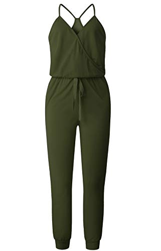 Ajpguot Verano Mujer V-Cuello Sin Mangas Monos Color sólido Mamelucos Sexy Sin Respaldo Jumpsuits de Playa Rompers (M, Ejército Verde)