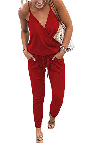 Ajpguot Verano Mujer V-Cuello Sin Mangas Monos Color sólido Mamelucos Sexy Sin Respaldo Jumpsuits de Playa Rompers (M, Rojo)