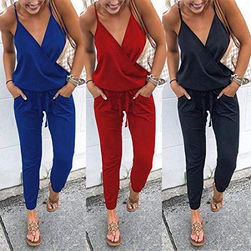 Ajpguot Verano Mujer V-Cuello Sin Mangas Monos Color sólido Mamelucos Sexy Sin Respaldo Jumpsuits de Playa Rompers (M, Rojo)